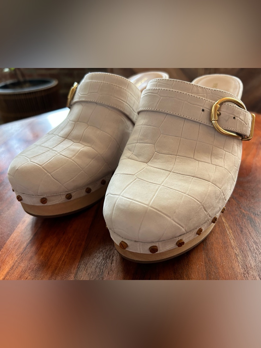 Veronica Beard Cream Croc-Embossed Leather Mule Clogs with Gold Buckle - Picture 6 of 10